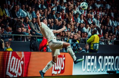 Tallinn, Estonya - 15 Ağustos, 2018: Gareth Bale son sırasında 2018 Uefa Süper Kupası maç arada Atletico Madrid vs Real Madrid A. Le Coq Arena Stadyumu, Estonya