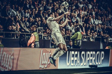 Tallinn, Estonya - 15 Ağustos, 2018: Gareth Bale son sırasında 2018 Uefa Süper Kupası maç arada Atletico Madrid vs Real Madrid A. Le Coq Arena Stadyumu, Estonya
