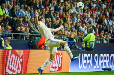Tallinn, Estonya - 15 Ağustos, 2018: futbolcuların son 2018 Uefa Süper Kupası sırasında maç arada Atletico Madrid vs Real Madrid A. Le Coq Arena Stadyumu, Estonya