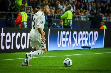 Tallinn, Estonya - 15 Ağustos, 2018: Casemiro oyuncular final 2018 Uefa Süper Kupa sırasında maç arada Atletico Madrid vs Real Madrid A. Le Coq Arena Stadyumu, Estonya