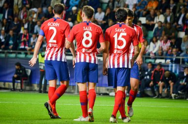 Tallinn, Estonya - 15 Ağustos, 2018: futbolcuların son 2018 Uefa Süper Kupası sırasında maç arada Atletico Madrid vs Real Madrid A. Le Coq Arena Stadyumu, Estonya