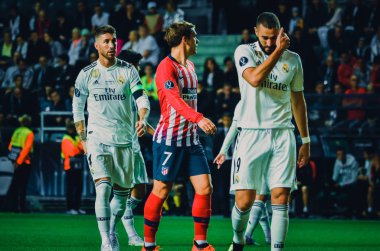 Tallinn, Estonya - 15 Ağustos, 2018: Karim Benzema final sırasında 2018 Uefa Süper Kupası maç arada Atletico Madrid vs Real Madrid A. Le Coq Arena Stadyumu, Estonya