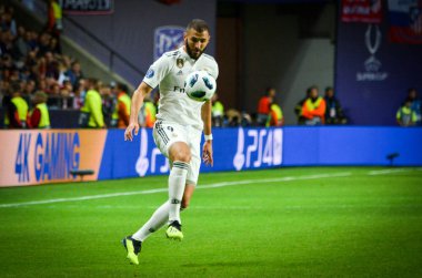 Tallinn, Estonya - 15 Ağustos, 2018: Karim Benzema final sırasında 2018 Uefa Süper Kupası maç arada Atletico Madrid vs Real Madrid A. Le Coq Arena Stadyumu, Estonya