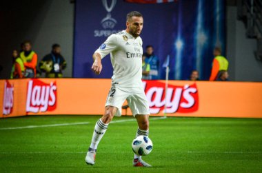 Tallinn, Estonya - 15 Ağustos, 2018: Karim Benzema final sırasında 2018 Uefa Süper Kupası maç arada Atletico Madrid vs Real Madrid A. Le Coq Arena Stadyumu, Estonya