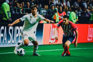 Tallinn, Estonya - 15 Ağustos, 2018: futbolcuların son 2018 Uefa Süper Kupası sırasında maç arada Atletico Madrid vs Real Madrid A. Le Coq Arena Stadyumu, Estonya