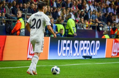 Tallinn, Estonya - 15 Ağustos, 2018: Marco Asensio final sırasında 2018 Uefa Süper Kupası maç arada Atletico Madrid vs Real Madrid A. Le Coq Arena Stadyumu, Estonya
