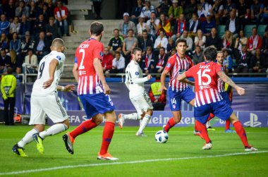 Tallinn, Estonya - 15 Ağustos, 2018: futbolcuların son 2018 Uefa Süper Kupası sırasında maç arada Atletico Madrid vs Real Madrid A. Le Coq Arena Stadyumu, Estonya