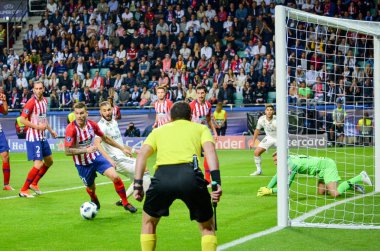 Tallinn, Estonya - 15 Ağustos, 2018: futbolcuların son 2018 Uefa Süper Kupası sırasında maç arada Atletico Madrid vs Real Madrid A. Le Coq Arena Stadyumu, Estonya