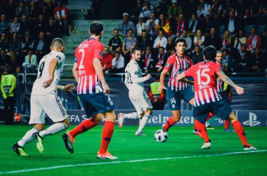 Tallinn, Estonya - 15 Ağustos, 2018: futbolcuların son 2018 Uefa Süper Kupası sırasında maç arada Atletico Madrid vs Real Madrid A. Le Coq Arena Stadyumu, Estonya
