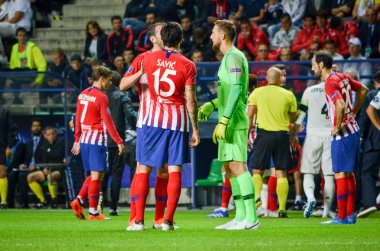 Tallinn, Estonya - 15 Ağustos, 2018: Stefan Savic final sırasında 2018 Uefa Süper Kupası maç arada Atletico Madrid vs Real Madrid A. Le Coq Arena Stadyumu, Estonya