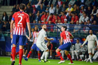 Tallinn, Estonya - 15 Ağustos, 2018: Diego Godin final sırasında 2018 Uefa Süper Kupası maç arada Atletico Madrid vs Real Madrid A. Le Coq Arena Stadyumu, Estonya