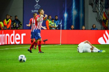 Tallinn, Estonya - 15 Ağustos, 2018: 2018 Uefa süper kupa final sırasında Lucas Hernandez maç arada Atletico Madrid vs Real Madrid A. Le Coq Arena Stadyumu, Estonya