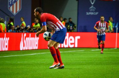 Tallinn, Estonya - 15 Ağustos, 2018: Diego Godin oyuncular final 2018 Uefa Süper Kupa sırasında maç arada Atletico Madrid vs Real Madrid A. Le Coq Arena Stadyumu, Estonya
