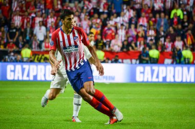 Tallinn, Estonya - 15 Ağustos, 2018: Rodri oyuncular final 2018 Uefa Süper Kupa sırasında maç arada Atletico Madrid vs Real Madrid A. Le Coq Arena Stadyumu, Estonya