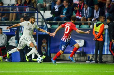 Tallinn, Estonya - 15 Ağustos, 2018: Juanfran oyuncular final 2018 Uefa Süper Kupa sırasında maç arada Atletico Madrid vs Real Madrid A. Le Coq Arena Stadyumu, Estonya