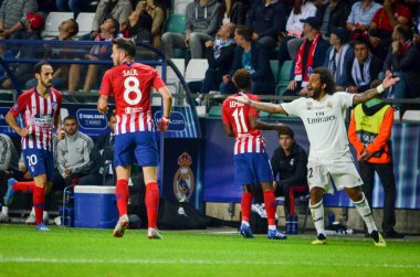 Tallinn, Estonya - 15 Ağustos, 2018: Marcelo oyuncular final 2018 Uefa Süper Kupa sırasında maç arada Atletico Madrid vs Real Madrid A. Le Coq Arena Stadyumu, Estonya