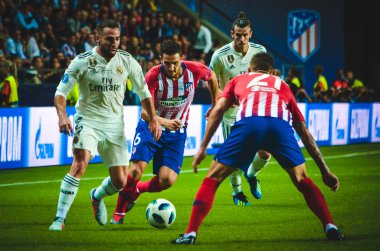 Tallinn, Estonya - 15 Ağustos, 2018: Daniel Carvajal final sırasında 2018 Uefa Süper Kupası maç arada Atletico Madrid vs Real Madrid A. Le Coq Arena Stadyumu, Estonya