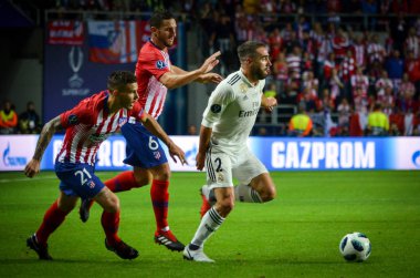 Tallinn, Estonya - 15 Ağustos, 2018: Daniel Carvajal final sırasında 2018 Uefa Süper Kupası maç arada Atletico Madrid vs Real Madrid A. Le Coq Arena Stadyumu, Estonya