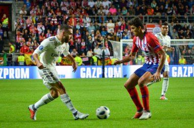 Tallinn, Estonya - 15 Ağustos, 2018: Daniel Carvajal final sırasında 2018 Uefa Süper Kupası maç arada Atletico Madrid vs Real Madrid A. Le Coq Arena Stadyumu, Estonya