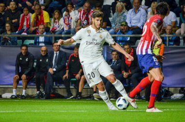 Tallinn, Estonya - 15 Ağustos, 2018: Marco Asensio final sırasında 2018 Uefa Süper Kupası maç arada Atletico Madrid vs Real Madrid A. Le Coq Arena Stadyumu, Estonya
