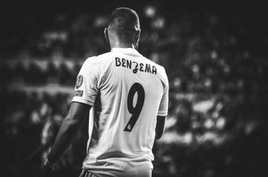 Tallinn, Estonya - 15 Ağustos, 2018: Karim Benzema final sırasında 2018 Uefa Süper Kupası maç arada Atletico Madrid vs Real Madrid A. Le Coq Arena Stadyumu, Estonya