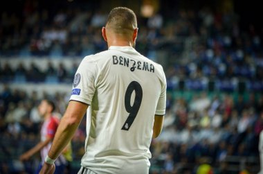 Tallinn, Estonya - 15 Ağustos, 2018: Karim Benzema final sırasında 2018 Uefa Süper Kupası maç arada Atletico Madrid vs Real Madrid A. Le Coq Arena Stadyumu, Estonya