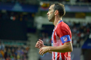 Tallinn, Estonya - 15 Ağustos, 2018: Diego Godin final sırasında 2018 Uefa Süper Kupası maç arada Atletico Madrid vs Real Madrid A. Le Coq Arena Stadyumu, Estonya