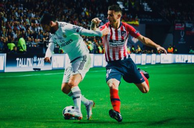 Tallinn, Estonya - 15 Ağustos, 2018: Çifleşme oyuncular final 2018 Uefa Süper Kupa sırasında maç arada Atletico Madrid vs Real Madrid A. Le Coq Arena Stadyumu, Estonya