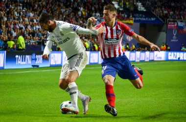 Tallinn, Estonya - 15 Ağustos, 2018: Çifleşme oyuncular final 2018 Uefa Süper Kupa sırasında maç arada Atletico Madrid vs Real Madrid A. Le Coq Arena Stadyumu, Estonya