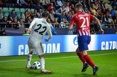 Tallinn, Estonya - 15 Ağustos, 2018: futbolcuların son 2018 Uefa Süper Kupası sırasında maç arada Atletico Madrid vs Real Madrid A. Le Coq Arena Stadyumu, Estonya
