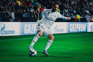 Tallinn, Estonya - 15 Ağustos, 2018: Çifleşme oyuncular final 2018 Uefa Süper Kupa sırasında maç arada Atletico Madrid vs Real Madrid A. Le Coq Arena Stadyumu, Estonya