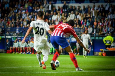Tallinn, Estonya - 15 Ağustos, 2018: Rodri oyuncular final 2018 Uefa Süper Kupa sırasında maç arada Atletico Madrid vs Real Madrid A. Le Coq Arena Stadyumu, Estonya