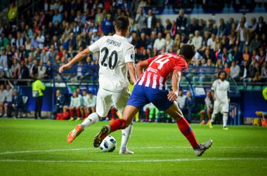 Tallinn, Estonya - 15 Ağustos, 2018: Rodri oyuncular final 2018 Uefa Süper Kupa sırasında maç arada Atletico Madrid vs Real Madrid A. Le Coq Arena Stadyumu, Estonya