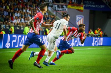 Tallinn, Estonya - 15 Ağustos, 2018: 2018 Uefa süper kupa final sırasında Lucas Hernandez maç arada Atletico Madrid vs Real Madrid A. Le Coq Arena Stadyumu, Estonya