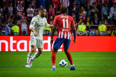 Tallinn, Estonya - 15 Ağustos, 2018: Thomas Lemar final sırasında 2018 Uefa Süper Kupası maç arada Atletico Madrid vs Real Madrid A. Le Coq Arena Stadyumu, Estonya