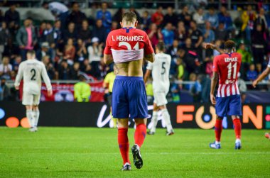Tallinn, Estonya - 15 Ağustos, 2018: 2018 Uefa süper kupa final sırasında Lucas Hernandez maç arada Atletico Madrid vs Real Madrid A. Le Coq Arena Stadyumu, Estonya