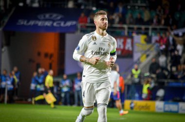 Tallinn, Estonya - 15 Ağustos, 2018: Sergio Ramos final sırasında 2018 Uefa Süper Kupası maç arada Atletico Madrid vs Real Madrid A. Le Coq Arena Stadyumu, Estonya