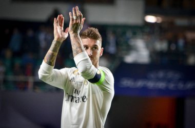 Tallinn, Estonya - 15 Ağustos, 2018: Sergio Ramos final sırasında 2018 Uefa Süper Kupası maç arada Atletico Madrid vs Real Madrid A. Le Coq Arena Stadyumu, Estonya