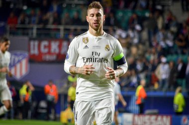 Tallinn, Estonya - 15 Ağustos, 2018: Sergio Ramos final sırasında 2018 Uefa Süper Kupası maç arada Atletico Madrid vs Real Madrid A. Le Coq Arena Stadyumu, Estonya