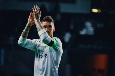 Tallinn, Estonya - 15 Ağustos, 2018: Sergio Ramos final sırasında 2018 Uefa Süper Kupası maç arada Atletico Madrid vs Real Madrid A. Le Coq Arena Stadyumu, Estonya