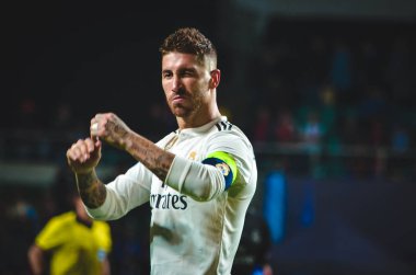 Tallinn, Estonya - 15 Ağustos, 2018: Sergio Ramos final sırasında 2018 Uefa Süper Kupası maç arada Atletico Madrid vs Real Madrid A. Le Coq Arena Stadyumu, Estonya