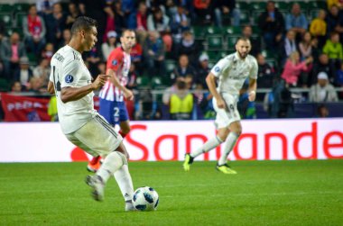 Tallinn, Estonya - 15 Ağustos, 2018: Casemiro oyuncular final 2018 Uefa Süper Kupa sırasında maç arada Atletico Madrid vs Real Madrid A. Le Coq Arena Stadyumu, Estonya