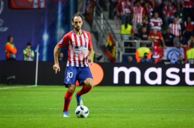 Tallinn, Estonya - 15 Ağustos, 2018: Juanfran oyuncular final 2018 Uefa Süper Kupa sırasında maç arada Atletico Madrid vs Real Madrid A. Le Coq Arena Stadyumu, Estonya