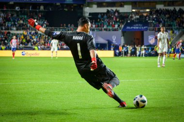 Tallinn, Estonya - 15 Ağustos, 2018: 2018 Uefa Süper Kupası Finali sırasında Keylor Navas maç arada Atletico Madrid vs Real Madrid A. Le Coq Arena Stadyumu, Estonya