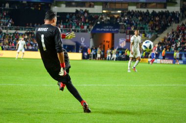 Tallinn, Estonya - 15 Ağustos, 2018: 2018 Uefa Süper Kupası Finali sırasında Keylor Navas maç arada Atletico Madrid vs Real Madrid A. Le Coq Arena Stadyumu, Estonya