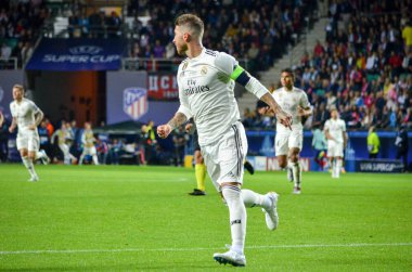 Tallinn, Estonya - 15 Ağustos, 2018: Sergio Ramos final sırasında 2018 Uefa Süper Kupası maç arada Atletico Madrid vs Real Madrid A. Le Coq Arena Stadyumu, Estonya