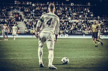 Tallinn, Estonya - 15 Ağustos, 2018: Sergio Ramos final sırasında 2018 Uefa Süper Kupası maç arada Atletico Madrid vs Real Madrid A. Le Coq Arena Stadyumu, Estonya