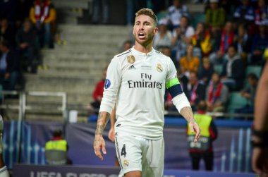 Tallinn, Estonya - 15 Ağustos, 2018: Sergio Ramos final sırasında 2018 Uefa Süper Kupası maç arada Atletico Madrid vs Real Madrid A. Le Coq Arena Stadyumu, Estonya