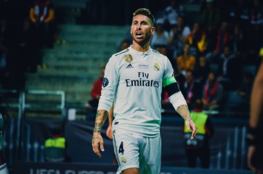 Tallinn, Estonya - 15 Ağustos, 2018: Sergio Ramos final sırasında 2018 Uefa Süper Kupası maç arada Atletico Madrid vs Real Madrid A. Le Coq Arena Stadyumu, Estonya