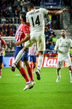 Tallinn, Estonya - 15 Ağustos, 2018: Diego Costa ve Casemiro sırasında son 2018 Uefa Süper Kupası maç arada Atletico Madrid vs Real Madrid A. Le Coq Arena Stadyumu, Estonya